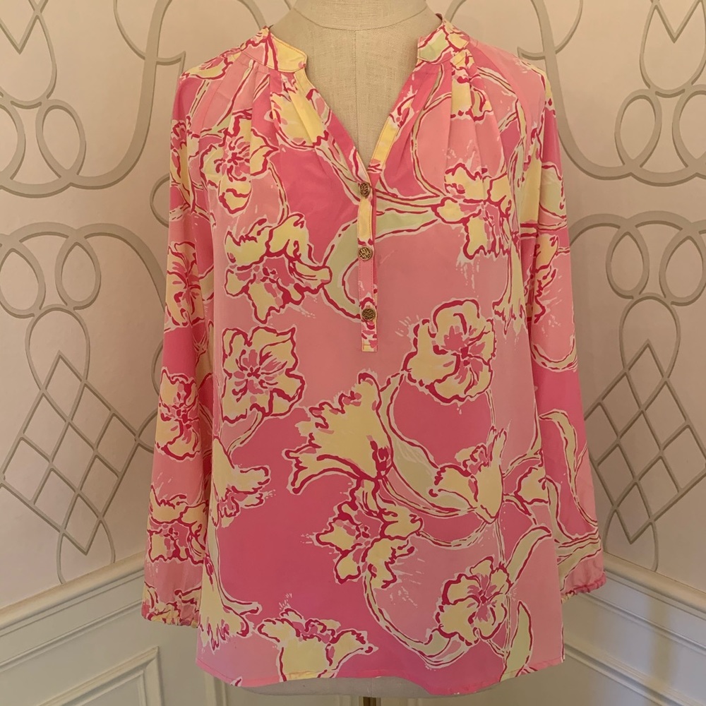 Lilly Pulitzer Elsa Silk Pink Yellow Size S